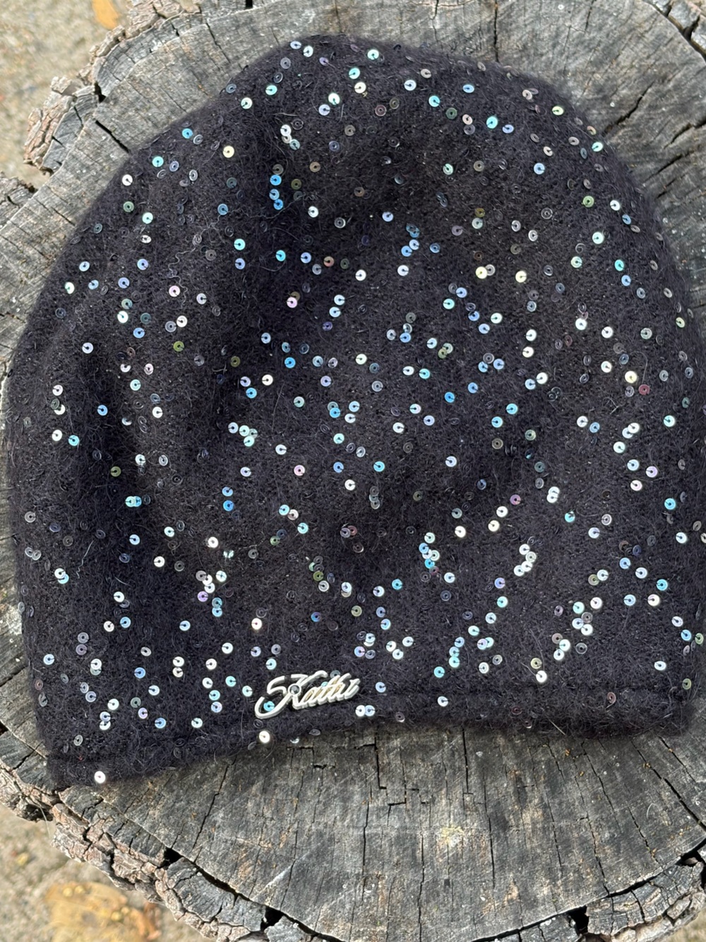 Sequin-Embellished Black Knit Beanie